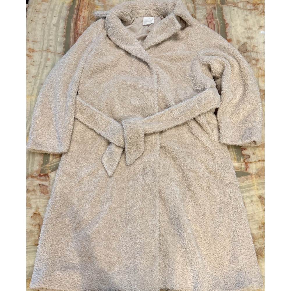 Vince Womens Belted Fleece Jacket Size XL Beige Teddy Coat Soft Cozy